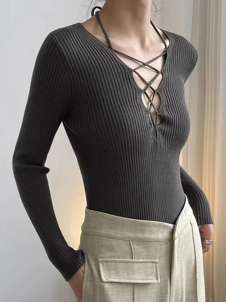 

Lace Up Sweater Slim Fit Deep V Neck Pullover Jumper Women