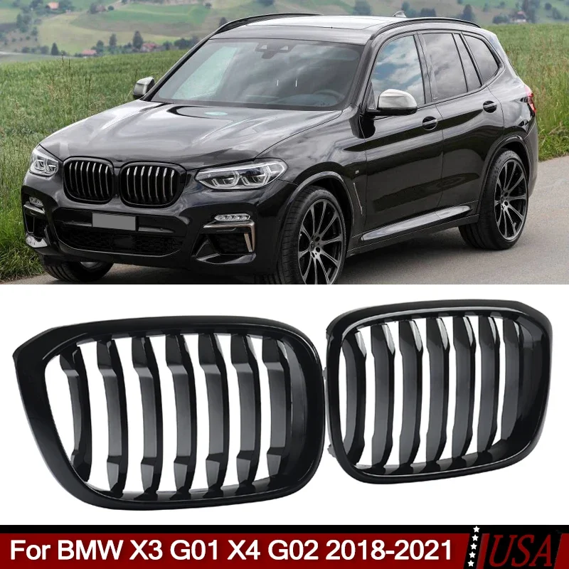 Front Bumper Kidney Grilles For BMW X3 X3M G01 X4 G02 20d 2018~2021 Gloss Black Car Grid Single Slats Racing Hood Grill Body Kit ABS