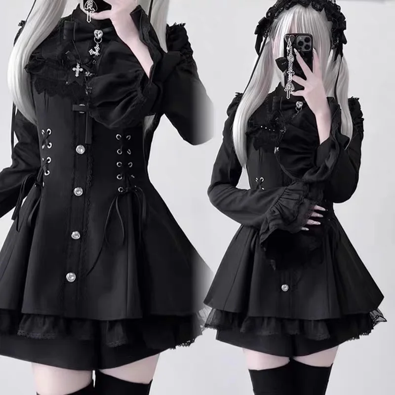 

Bow Lace Dresses Girl Y2K Sweetheart Lolita Kawaii Long Sleeved Skirt Waist Cinching To Show Off Dark A-line Mini Dresses New