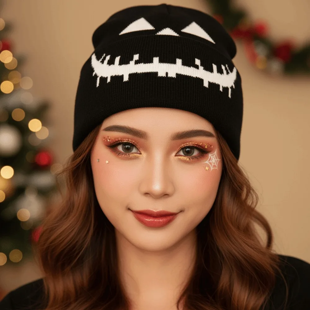 Knitted Fabric Pumpkin Beanie Hat Soft Texture Warm Halloween Knitted Cap Cuffed Brim Pumpkin Orange Hip Hop Skullcap Teens