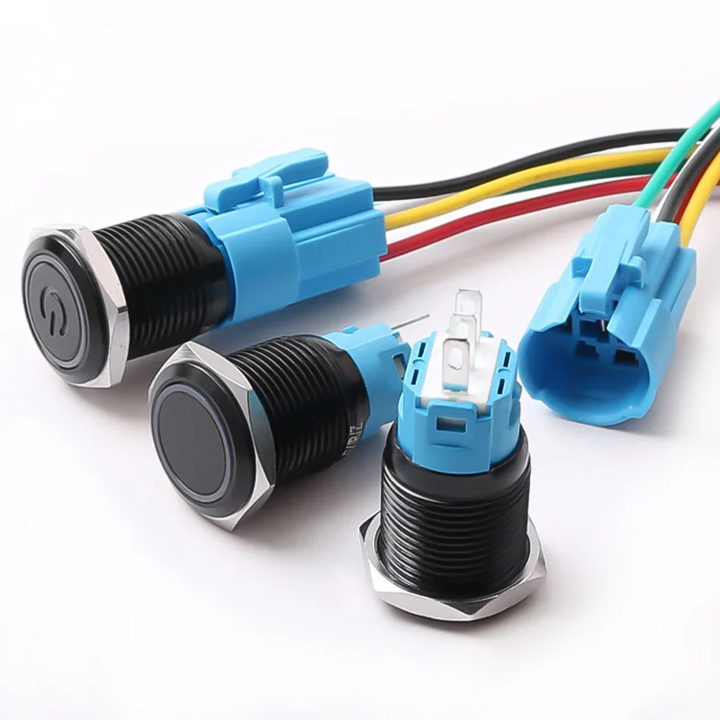 16mm Metal Button Switch Oxidized Black Shell High Head Latching Momentary With Lights 1NO1NC Waterproof Switch