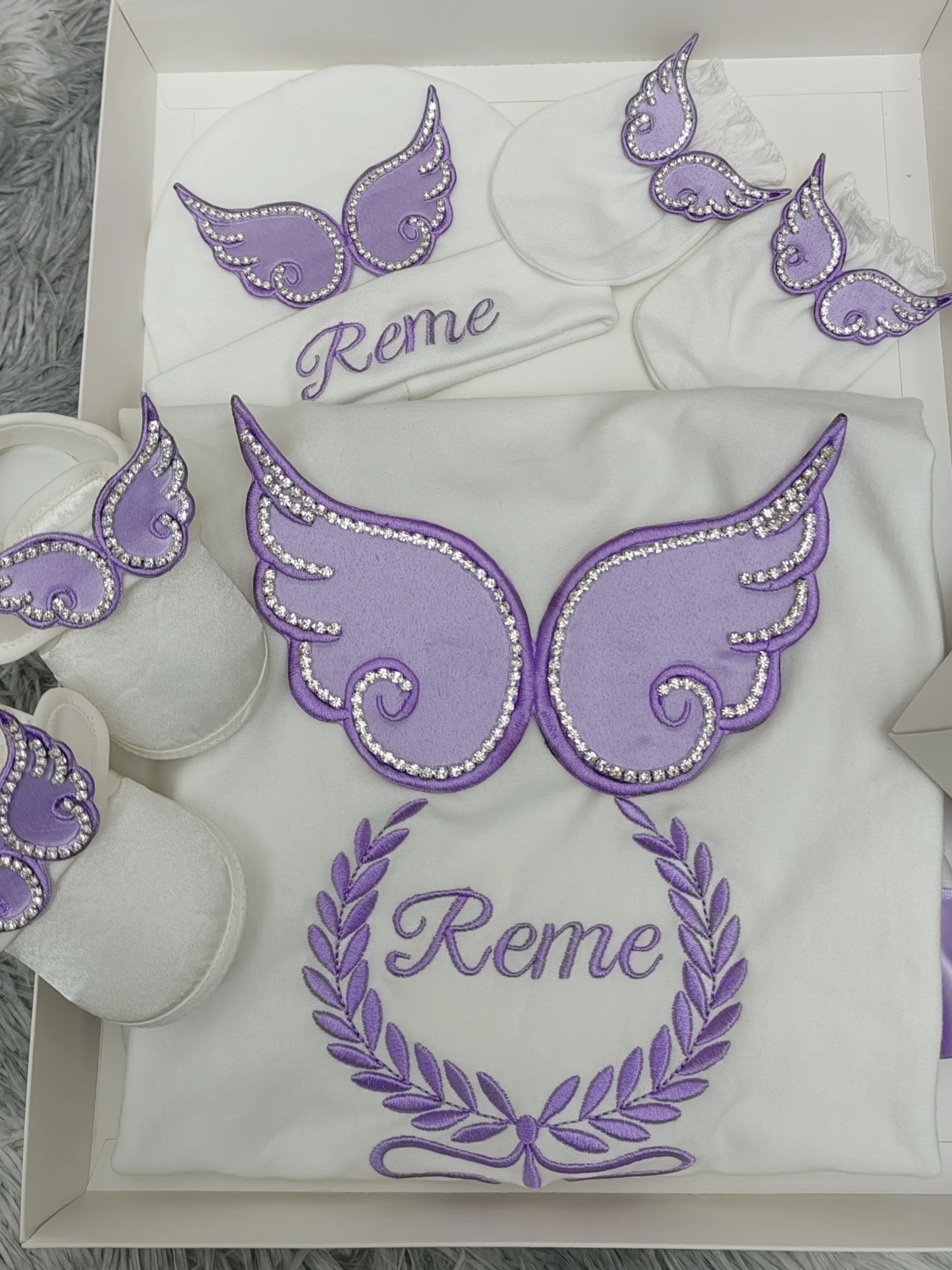 5Pcs Blessed Personalized Purple Angel Wings Newborn Layette Set Embroidered Blanket Booties Mittens Hat Baptism Outfit Gift
