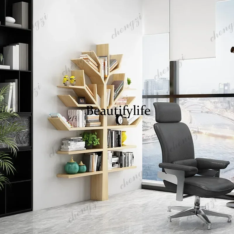 Simple and modern tree-shaped bookshelf Solid wood creative floor-to-ceiling tree-shaped office sofa side multi-layer bookcase