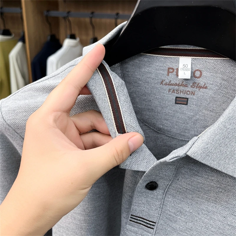 Luxus-Marken-Poloshirt für Herren aus 100% Weicher Baumwolle, Herbst-Neuheit, Einfarbig Bedruckt, Langarm, Revers-T-Shirt, Lässige Business-Herrenbekleidung – Detail 16