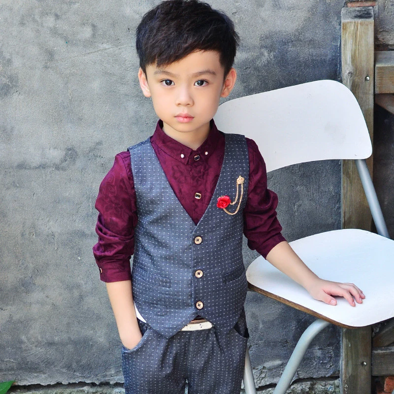 Wedding Suit for Boys Children Vest + Pants 2 Pieces Formal Suit Red Gray Boys Spring Summer England Style Kids Blazer Suits