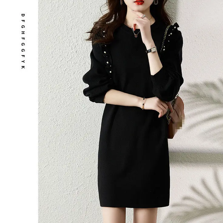 New Autumn and Winter Outfit with Coat Woolen Dress Women\'s Round Neck Loose Fit Long Sleeves and Knitted Dress Inside
