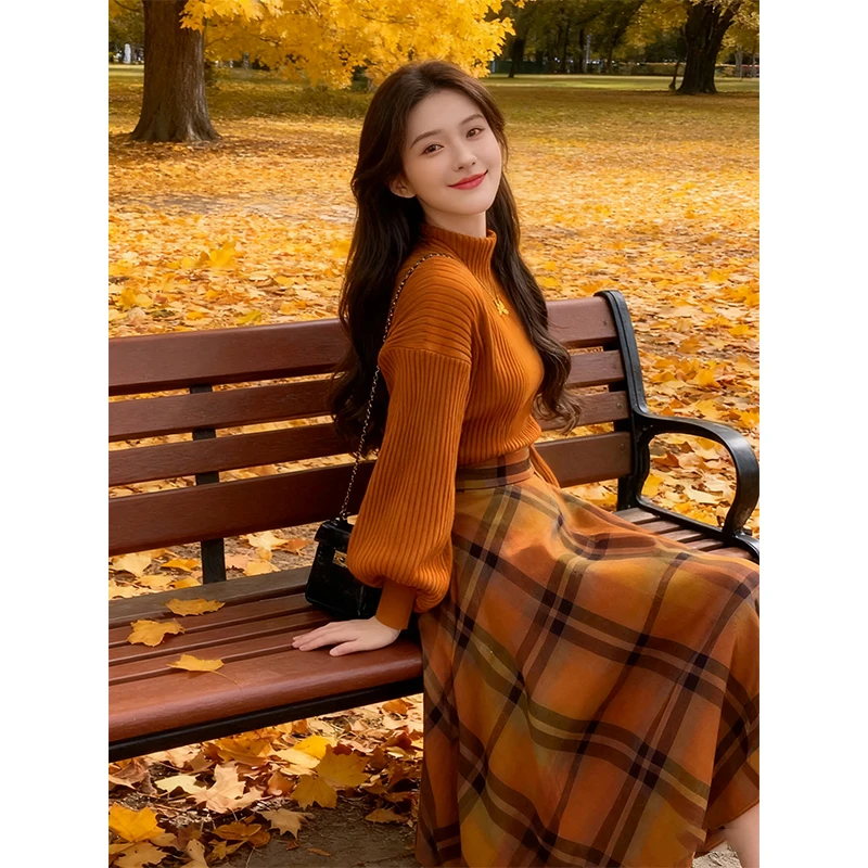 Retro sle feminino camisola de malha e saia xadrez conjunto de duas peças outono faion conjunto saia de cintura alta longa sve