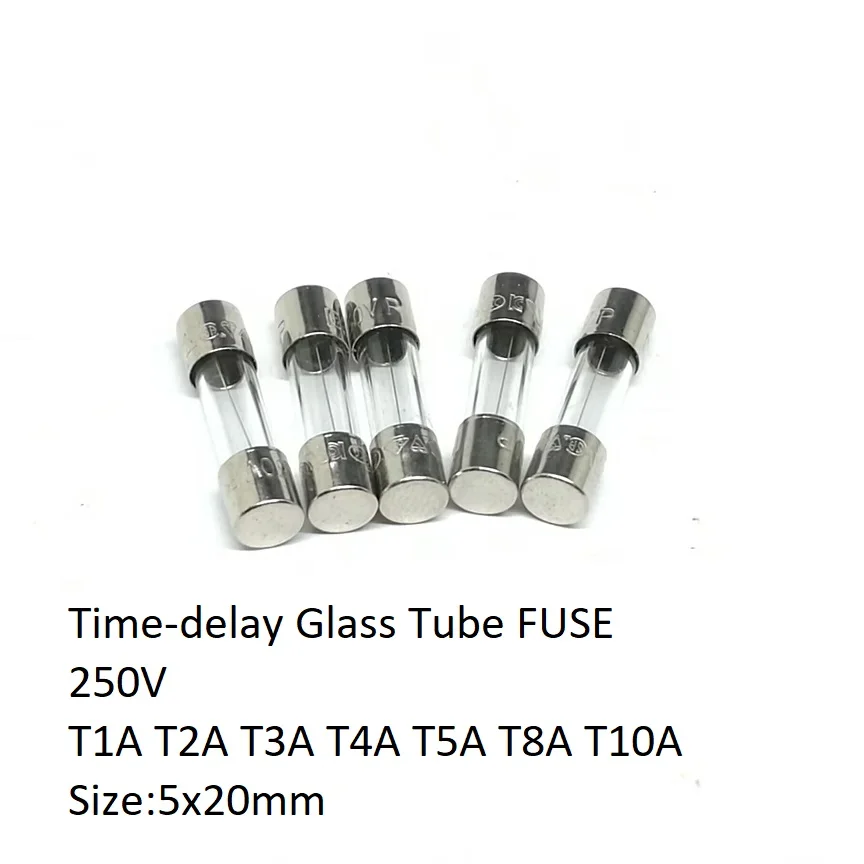

5PCS/LOT 5x20mm Time-delay Glass Tube FUSE T1A T2A T3A T4A T5A T8A T10A Slow Blow Fuse 250V Dimensions:5*20mm