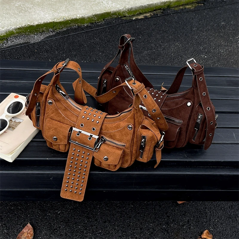 Adjustable Shoulder Strap Handbag And Purse Punk Style Motorcycle Bag Brown Coffee Sac A Main Trend Half Moon Crossbody Bag Lady