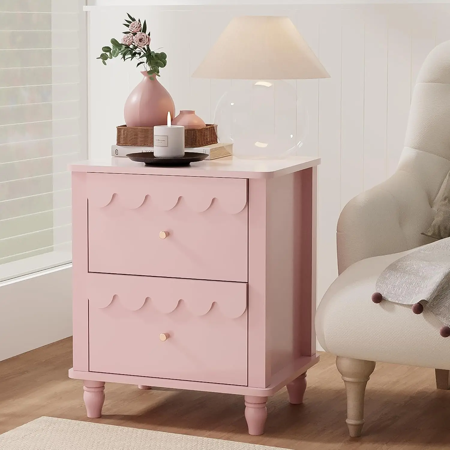 Pink Nightstand with 2 Drawers & Petal Pattern, Modern Scalloped Bedside Table with Solid Wood Legs for Bedroom, Customized