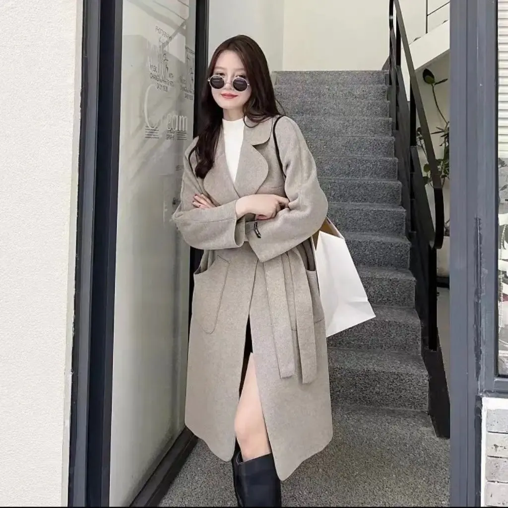 

Women's Double-Sided Fleece Wool Coat Autumn Winter Korean Style Mid-Length Lace-Up Slim Jacket Loose Fashionable