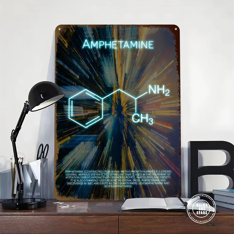 Amphetamine Molecule Tinplate Posters Customizable Wall Art Retro Vintage Metal Signs for Home Room Garage Decoration Gaming