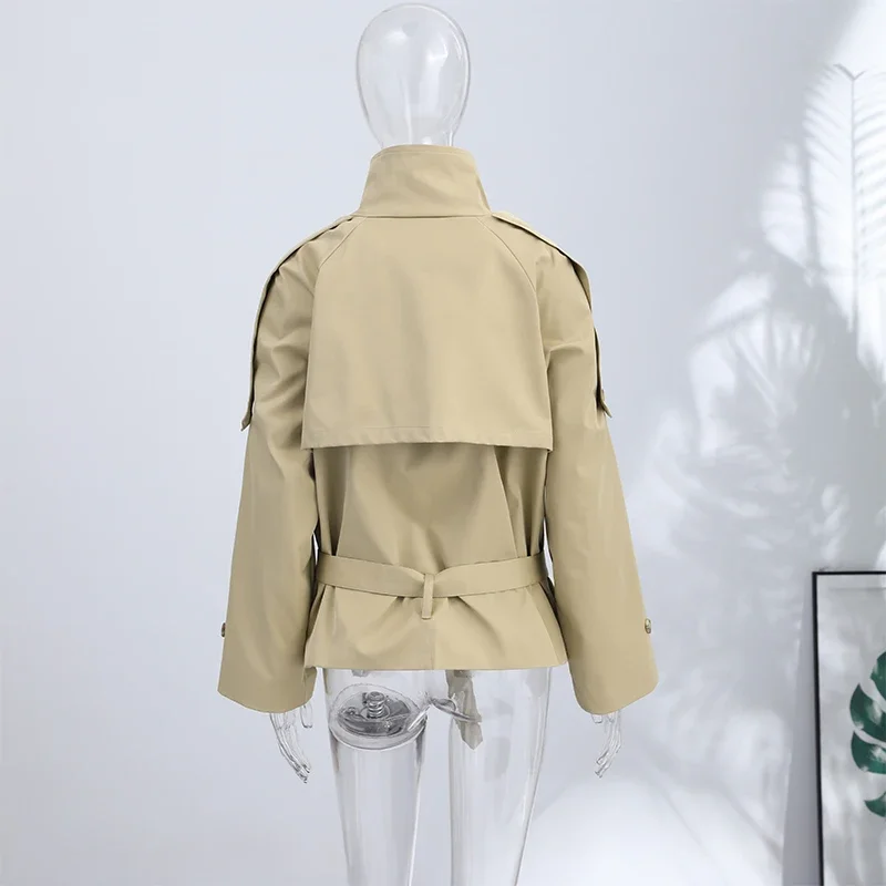 Modischer Stehkragen-Damen-Windbreaker Einfarbiger Doppelreihiger Schnür-Mantel mit Langen Ärmeln Damen-Oberbekleidung 2026 Herbst Neue Kollektion – Detail 2