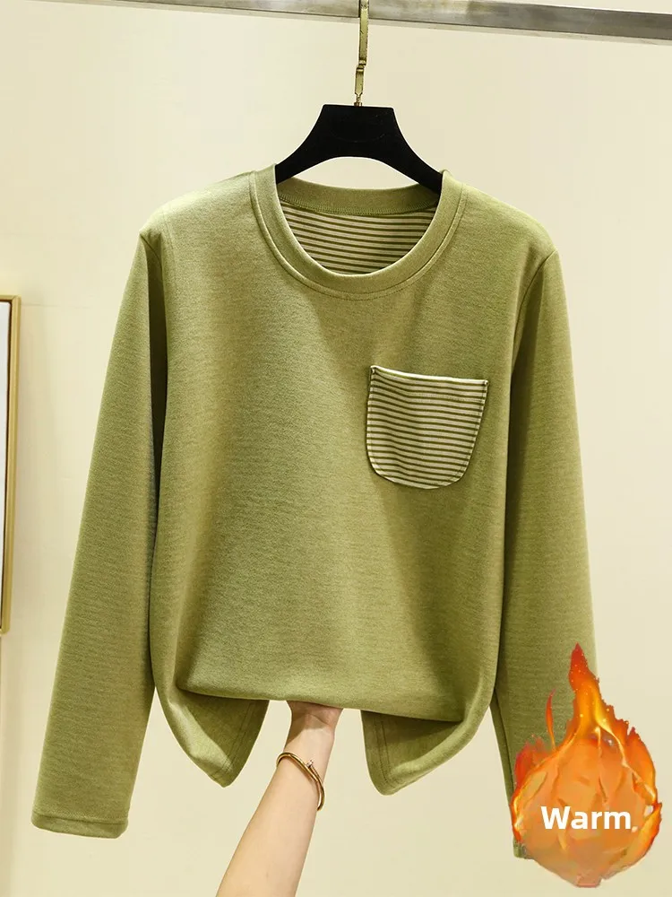 Thickened Winter Warm Base Shirt Women's round Neck Pocket T-shirt Fashionable Inner Wear Long Sleeve Fleece Lined Top