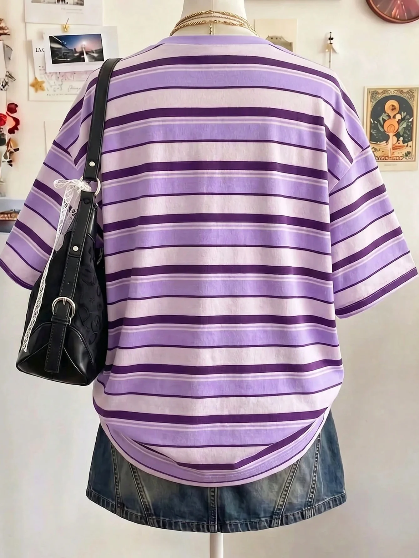 Women Purple White Striped T Shirt Round Neck Short Sleeve Oversized Loose Casual Summer Streetwear Basic Tee Top