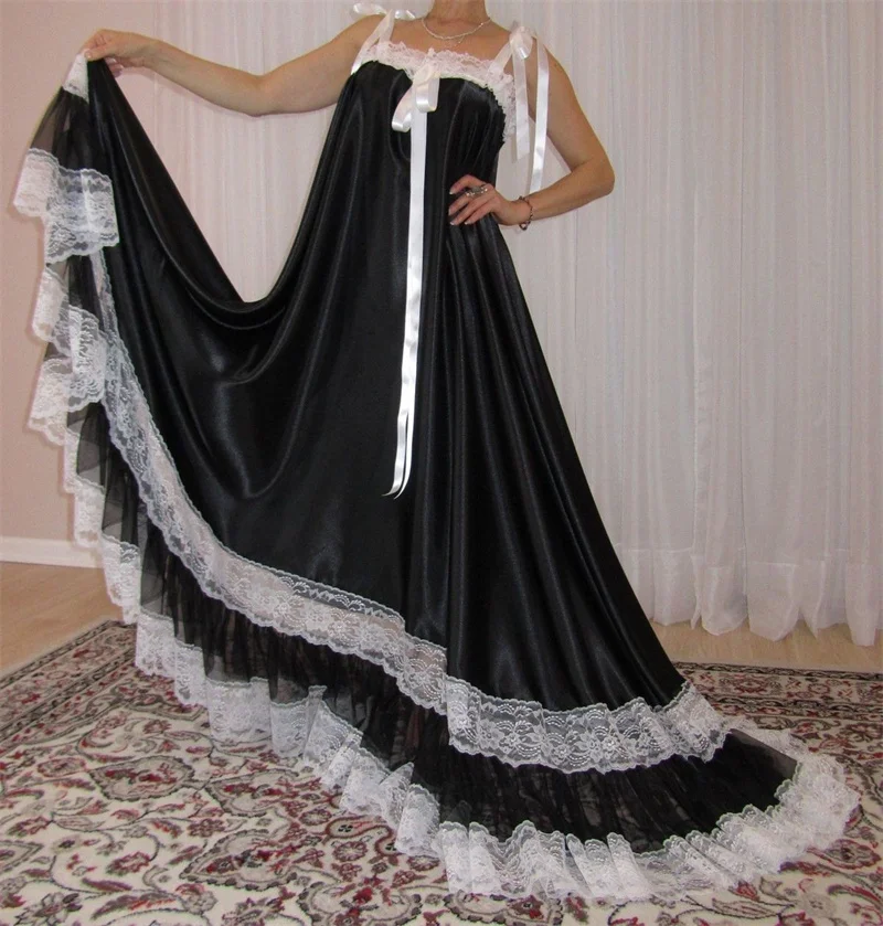 Black Satin Lace Women Wedding Prom Dress For Photo Shoot Sexy Bow Sleeveless Bridal Morning Robe Customized Long Party Gown