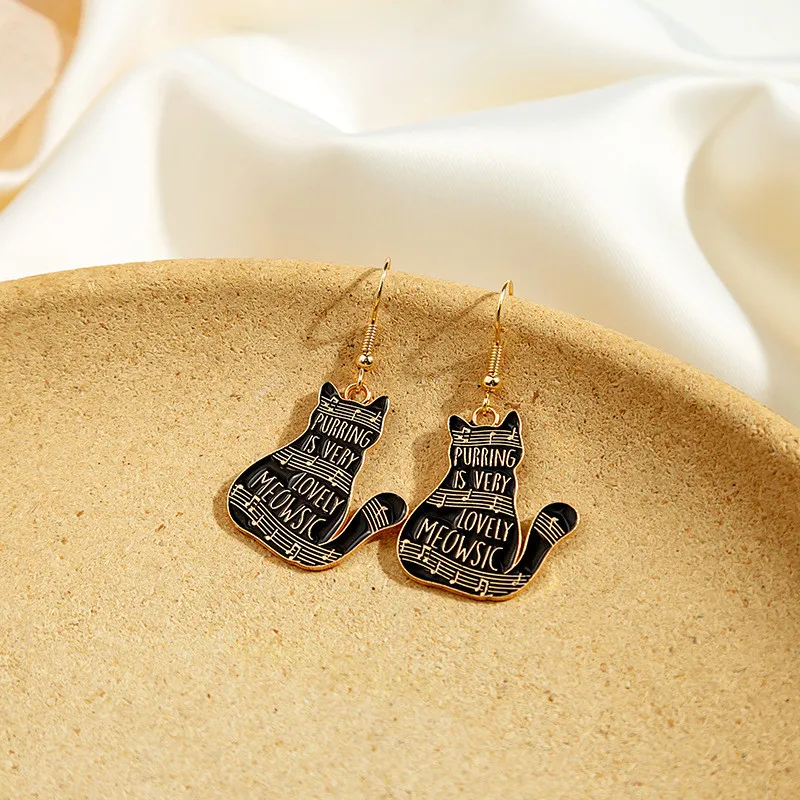 Cute Black Cat Music Piano Pendant Earring Fashion Retro Personality Kitty Dangle Ear Jewelry Party Gifts For Women Girls