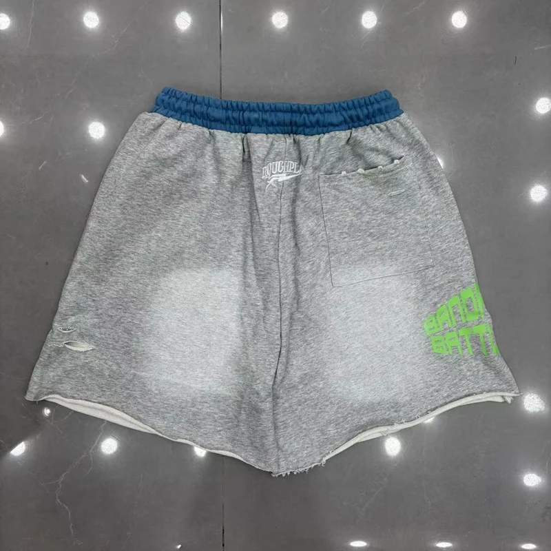 Street Fashion Brand Fashion Casual Elastic Waist Roughplay Pants Embroidered Logo Printed High-quality Ripped Shorts