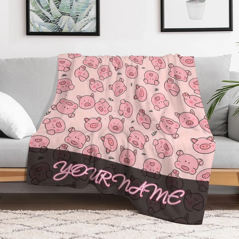 

Custom Name Cute Pigs Throw Blanket for Couch Cozy Flannel Bed Blanket Soft Lightweight Warm Decorative Blanket for Sofa, Travel