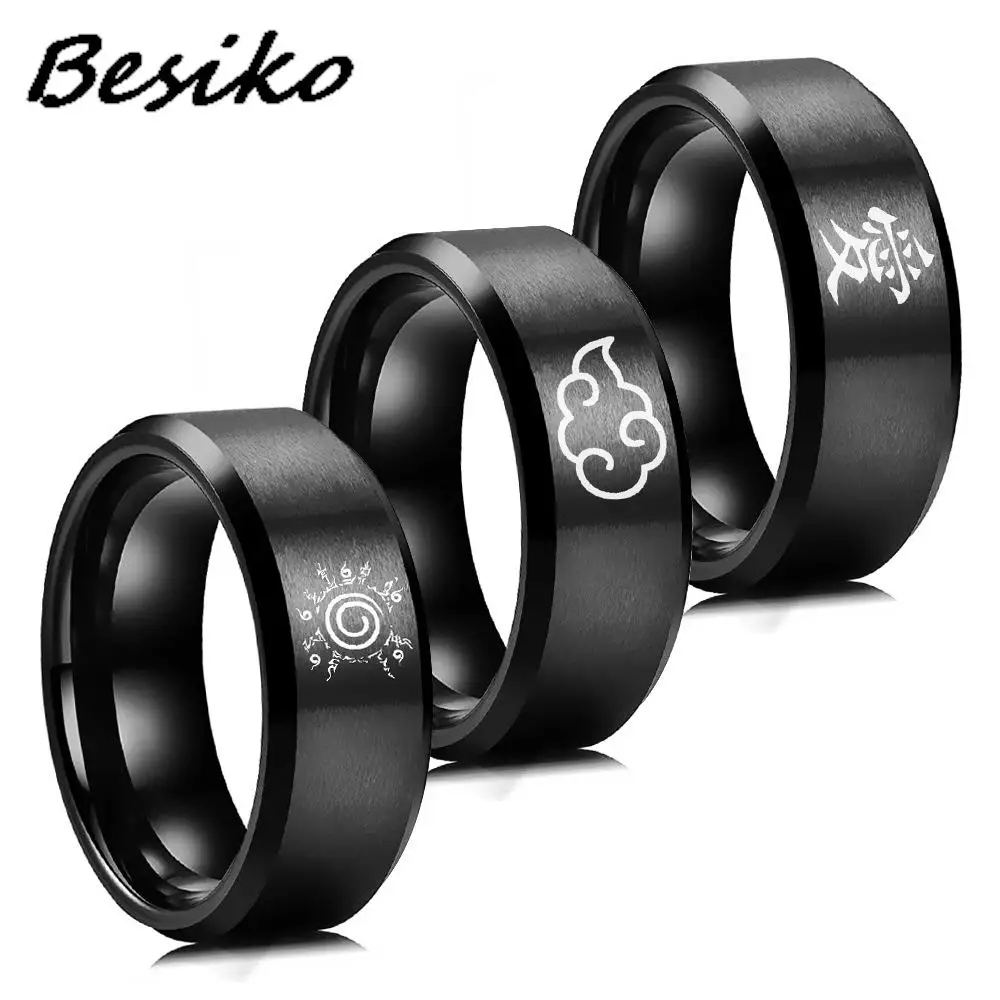 Besiko 8mm Anime Cosplay Cloud Stainless Steel Rings For Men Women Black Matte Ring Punk Harajuku Love uchiha