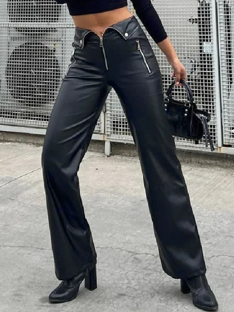 Sexy Pants Leather Trourser Zip Up High Waist Straight Leg Pants Women Slim Bottoms 2024 Y2K  Autumn Spring Chic Black Pant