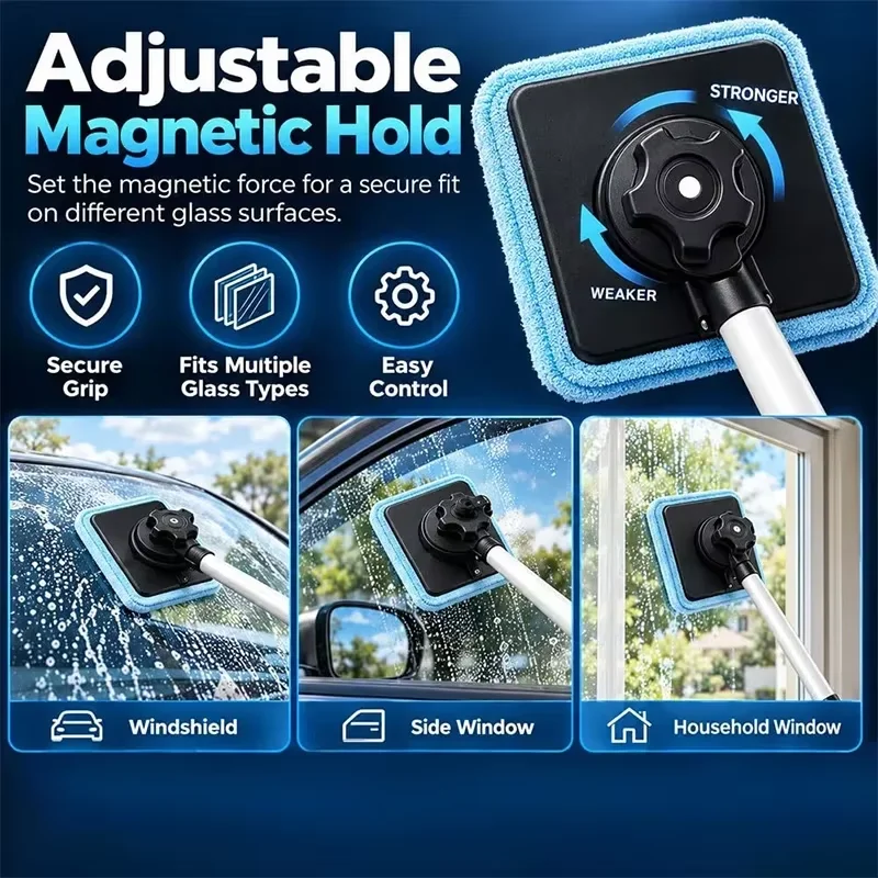 Portable Magnetic Car Glass Cleaning Tool Set Streak-Free Auto Windshield Cleaner With Extendable Long Handle Removable Wash Pad