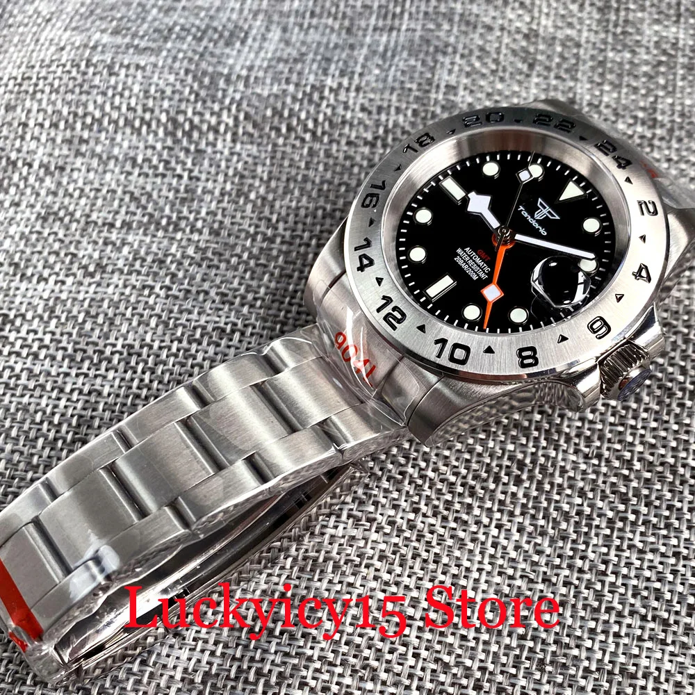 Tandorio 39MM Fluted Bezel Black Dial With Snowflake Hands GMT NH34A Automatic Men Watch Screwdown Crown Brushed/Jubliee Strap