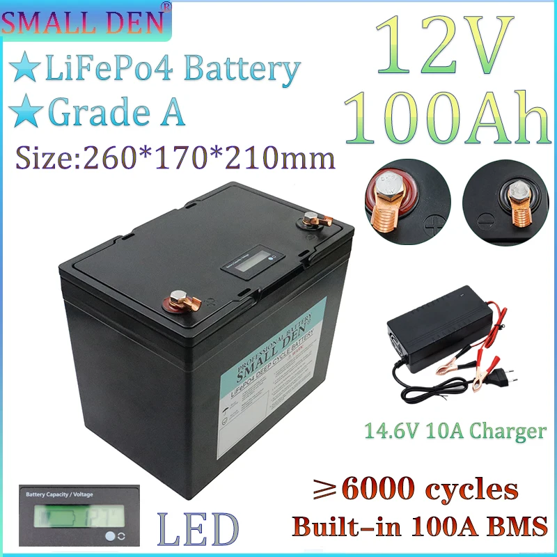 

Class A 12V 100Ah LiFePO4 Rechargeable battery with built-in 100ABMS for solar energy storage portable small home backup battery