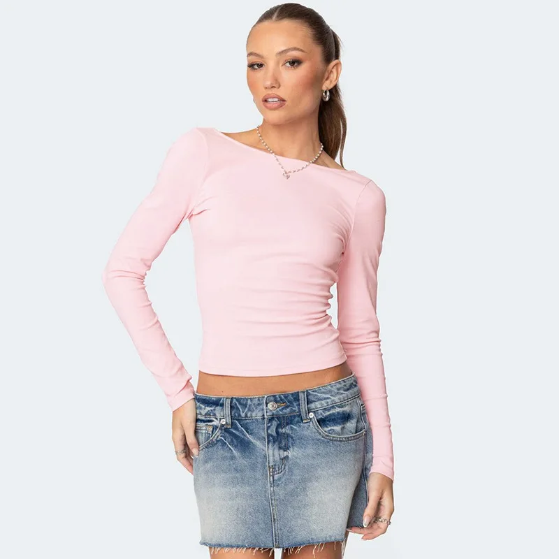 Women's autumn and winter crop top with exposed navel, round neck and backless bow, close fitting waist cinching top, T-shirt