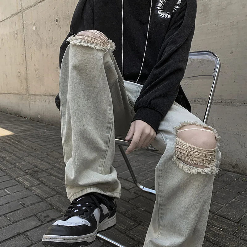 

Retro Waed Loose Fit Straight Leg Jeans Men's Summer Casual Long Trousers Trendy Brand High Street Vibe Tear Hole Jeans
