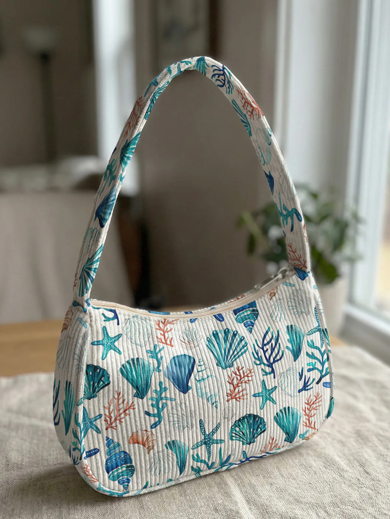 Trendy Ocean Print Shoulder Bag, Corduroy Underarm Bag for Daily Casual Use