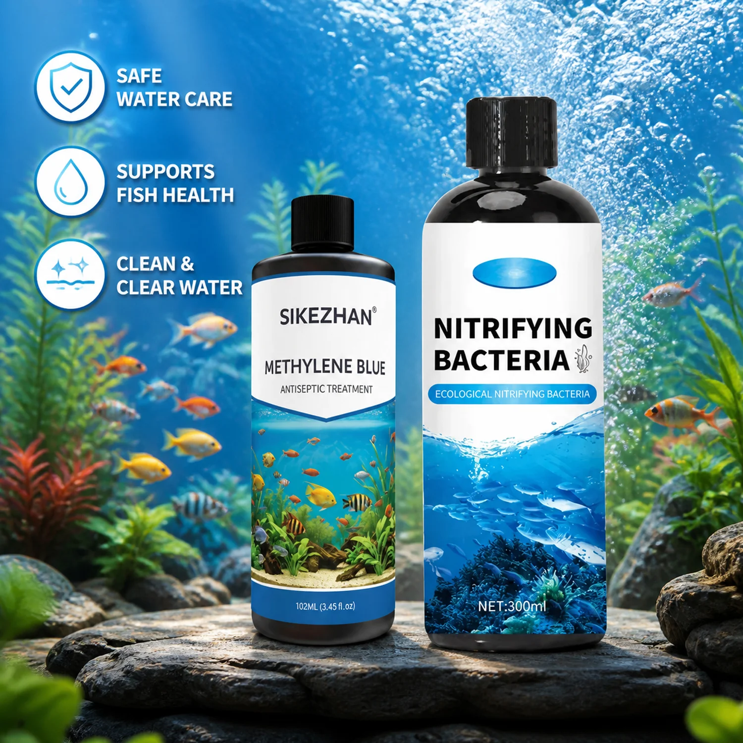Kit de Bactérias Nitrificantes com Azul de Metileno para Aquários, Iniciador de Ciclo de Água Seguro, Tratamento para Fungos e Ich para Bettas, Guppies e Peixes Dourados