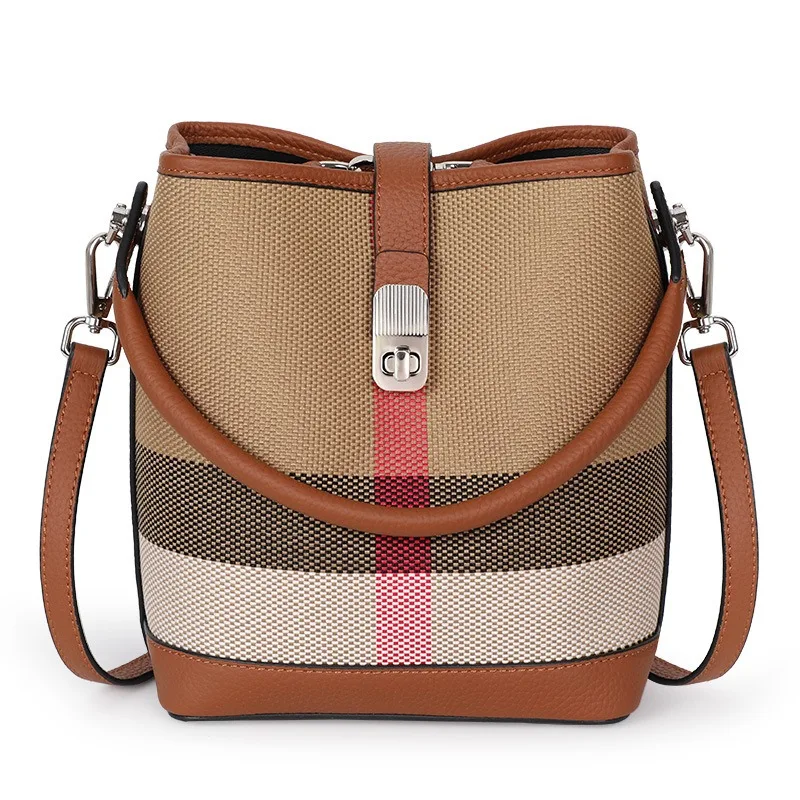 

New Fashionable high-end luxury brand bag canvas paired with cowhide women's shoulder crossbody bag plaid pattern bucket bag