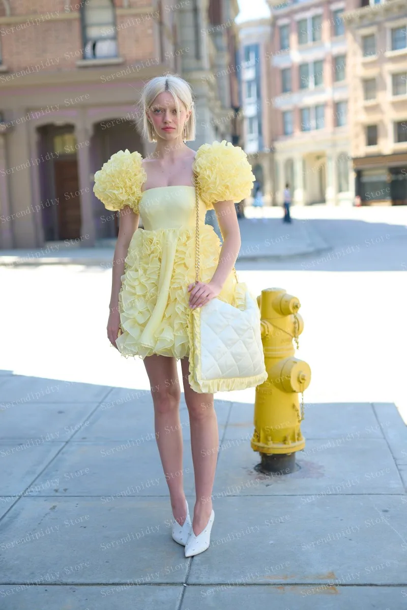 Ever azole-Robe de soirée en mousseline de soie jaune pour femme, col carré, manches courtes, volants, tulle, couches, bébé, vêtements d'été