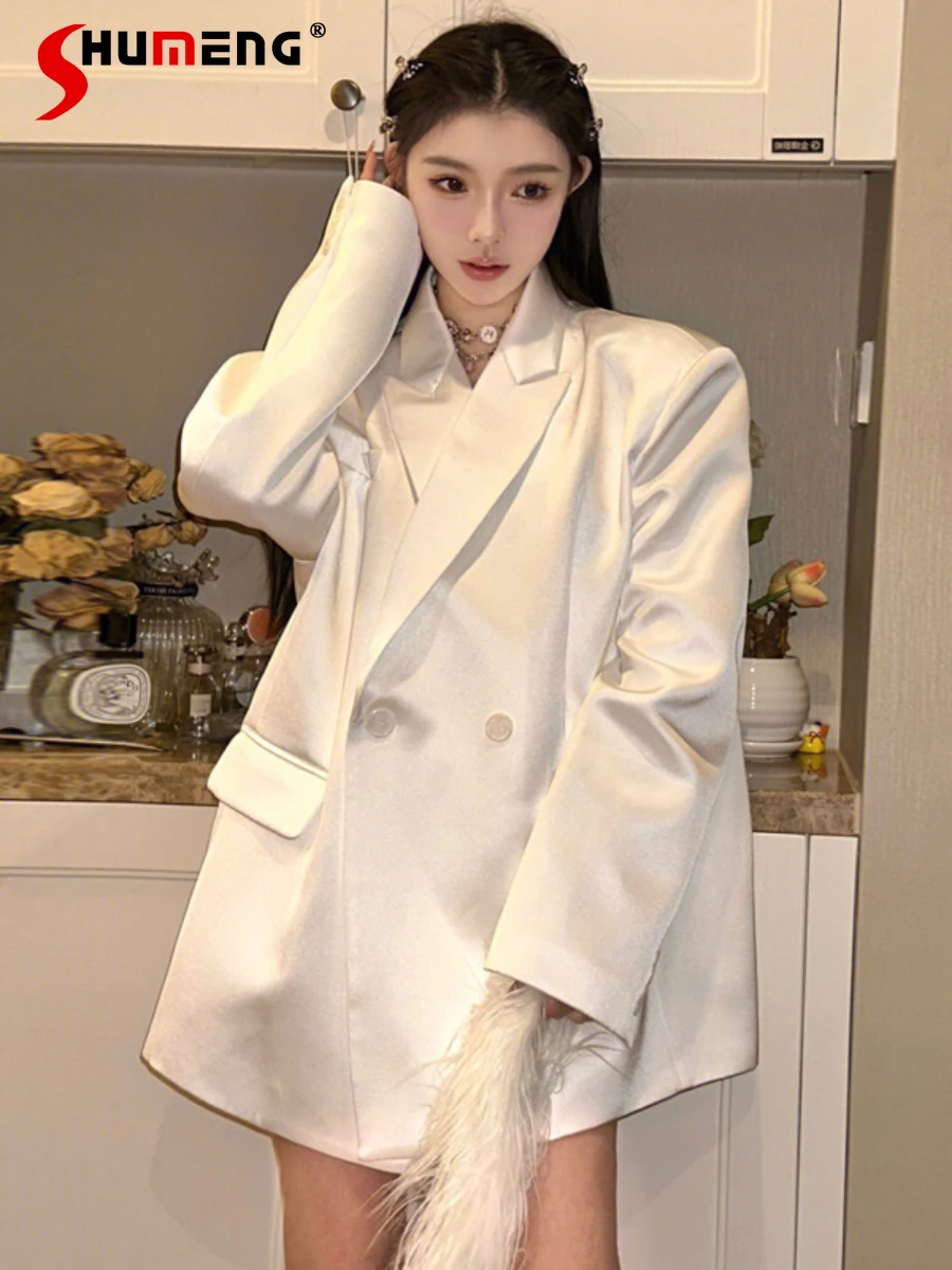 Fashionable White High-End Fried Street Suit for Women 2023 Autumn Winter New Satin Goddess Versatile Loose Long Suit Jackets