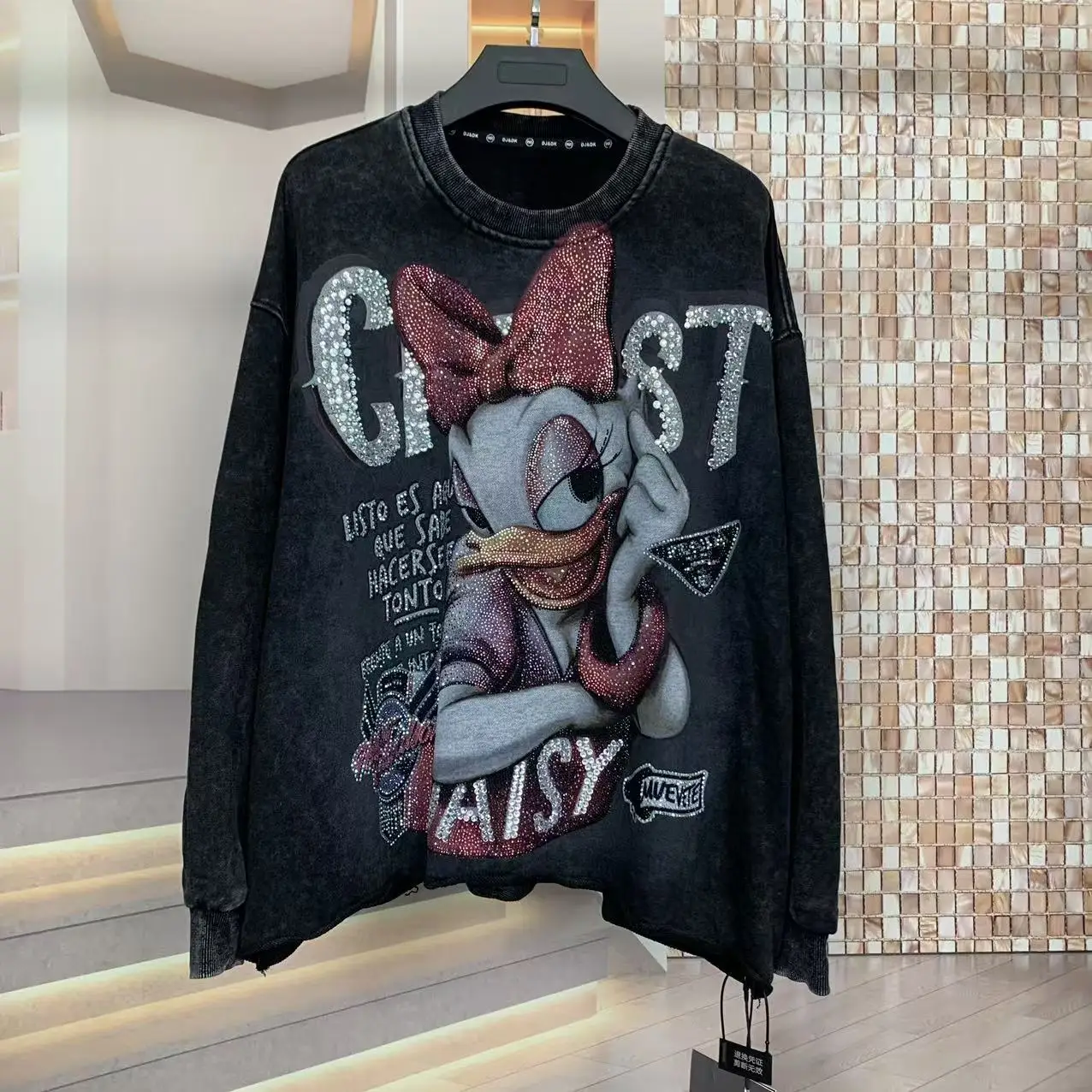 Trendy Black Pullover Sweatshirt Spring Autumn Heavy Rhinestone Cute Cartoon Loose Fashion Long Sleeve Sweatshirt for Women
