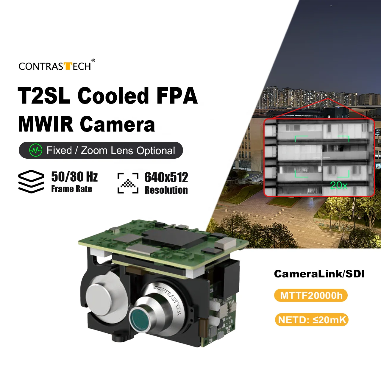 NETD≤20mK 640x512 50Hz T2SL Cooled Infrared FPA 3.7-4.8μm Zoom 33-660mm Analog Thermal Imaging MWIR Camera Module