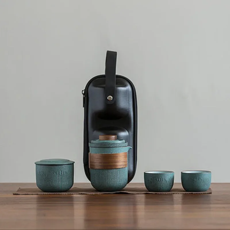 Bluestone Glazed Portable Outdoor Travel Kung Fu Tea Set One Pot Two Three Four Cups Simple Retro Tea Cup Teapot Designereaware