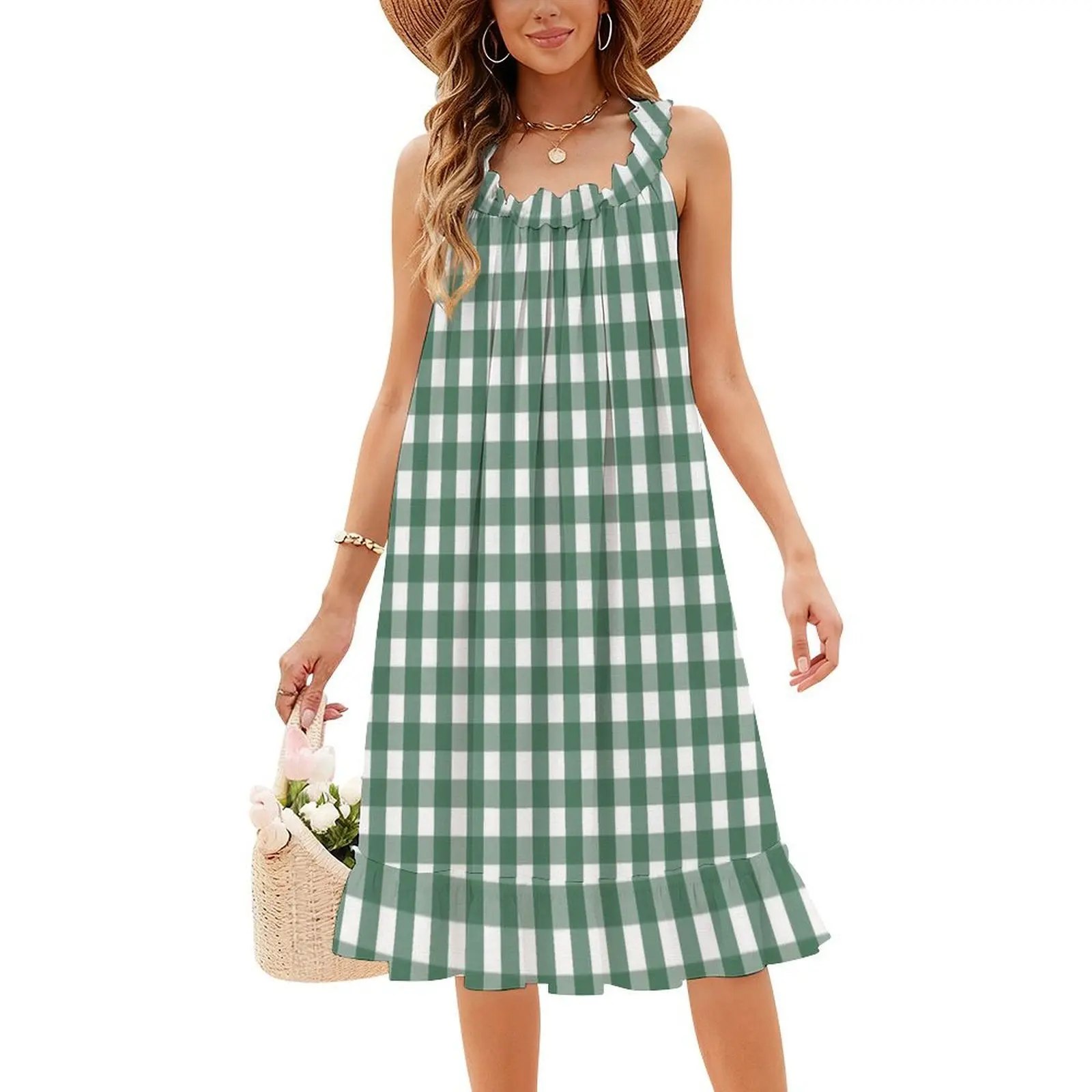 

Green Gingham Checks-Checkerboard Bohemian Sleeveless Dress For Women Print Beach Party Dresses Green Gingham Checks