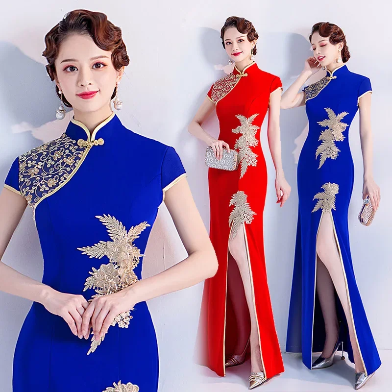 

Short Sleeve 3D Floral Qipao Blue Satin Sexy Plus Size Cheongsams Front Split Women Dresses Vintage Celebrity Banquet Vestidos