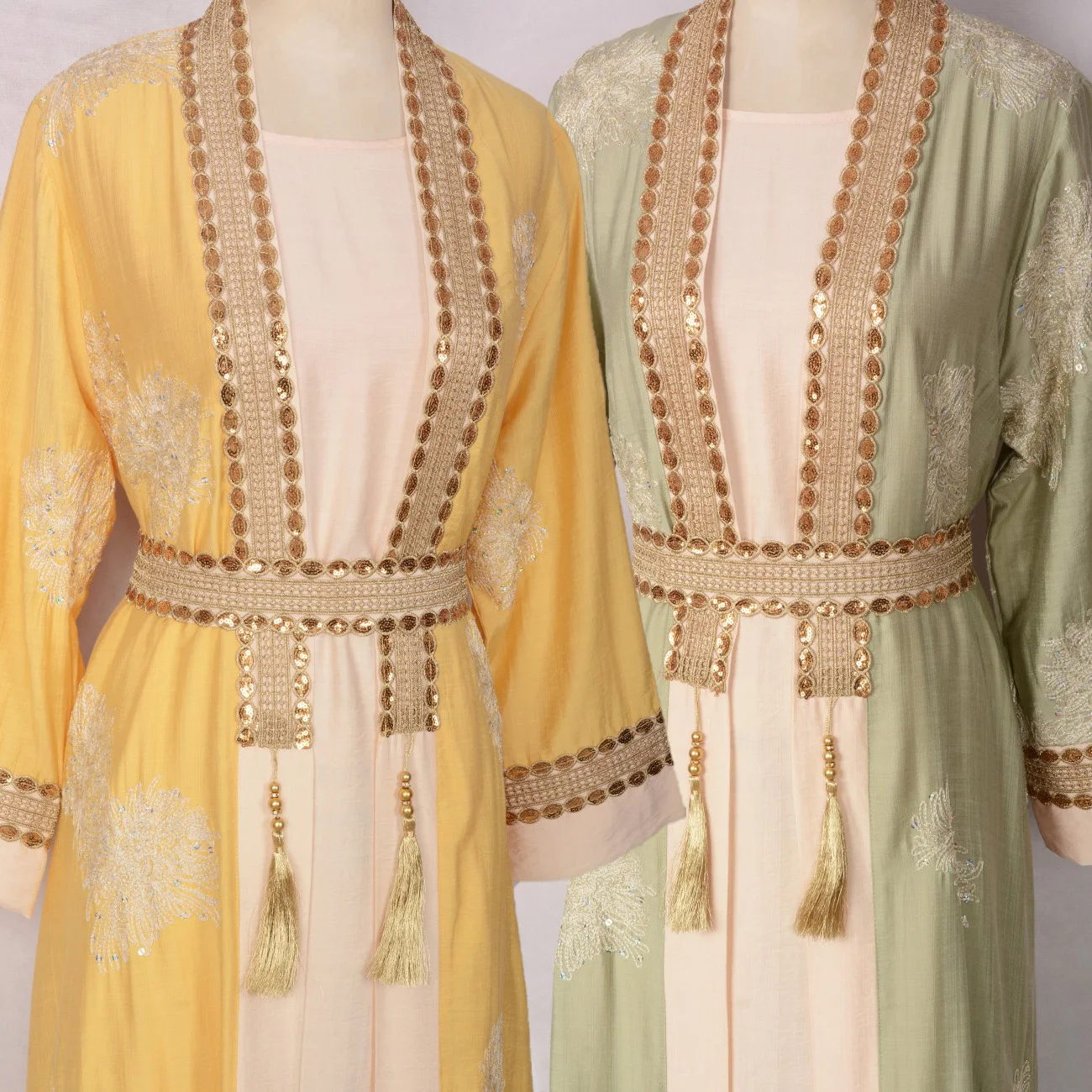 Ramadan Eid Luxury Khaleeji Moroccan Kaftan Dress Set: O Neck Sleeveless Dress, Applique&Embroidery&Tassel Charm Accents Kaftan