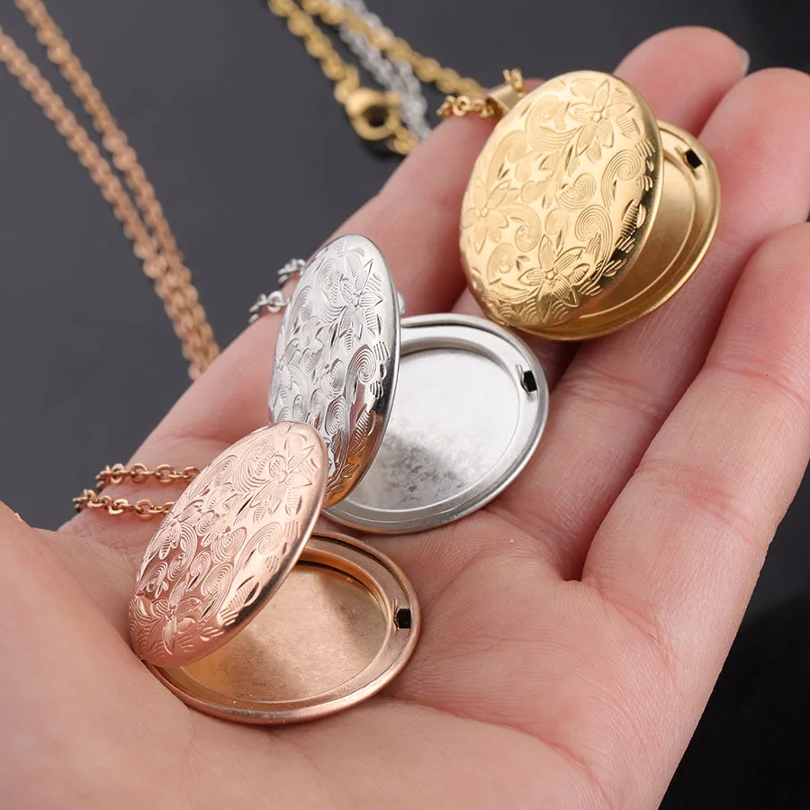 316L Stainless Steel Round Floral Locket Necklace Openable Photo Pendant Vintage DIY Engraving Picture Keepsake Jewelry Gift