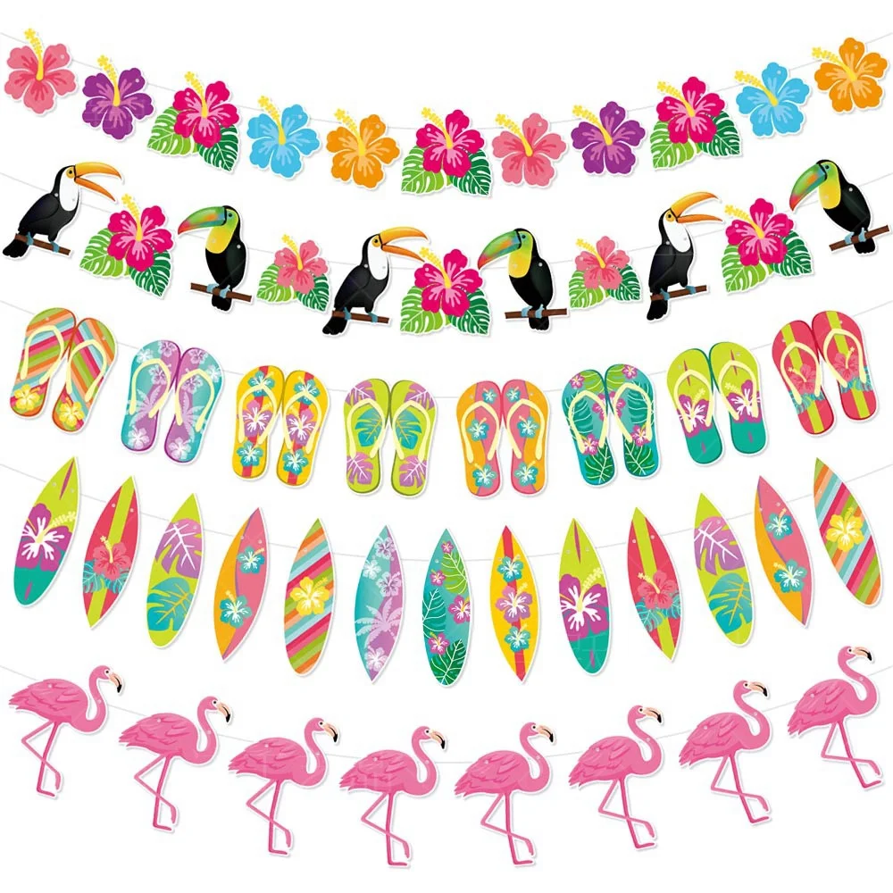 Hawaiian Party Decoration Flamingo Banner Tropical Bird Hanging Decor Cake Topper Aloha Summer Beach Birthday Party Supplies