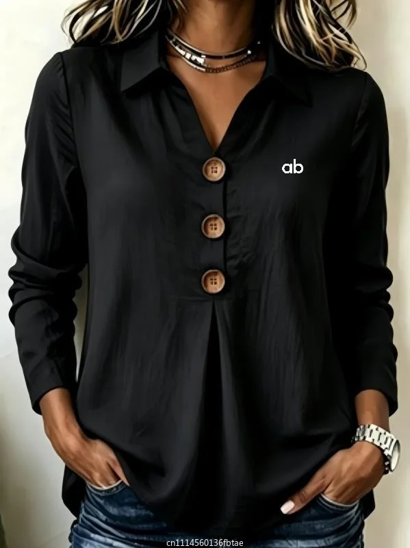 2026 NEW Fashion V Neck Women Elegant Solid Lapel Button Pleated Blouse Loose Long Sleeve Shirts Spring Autumn Office Daily Tops