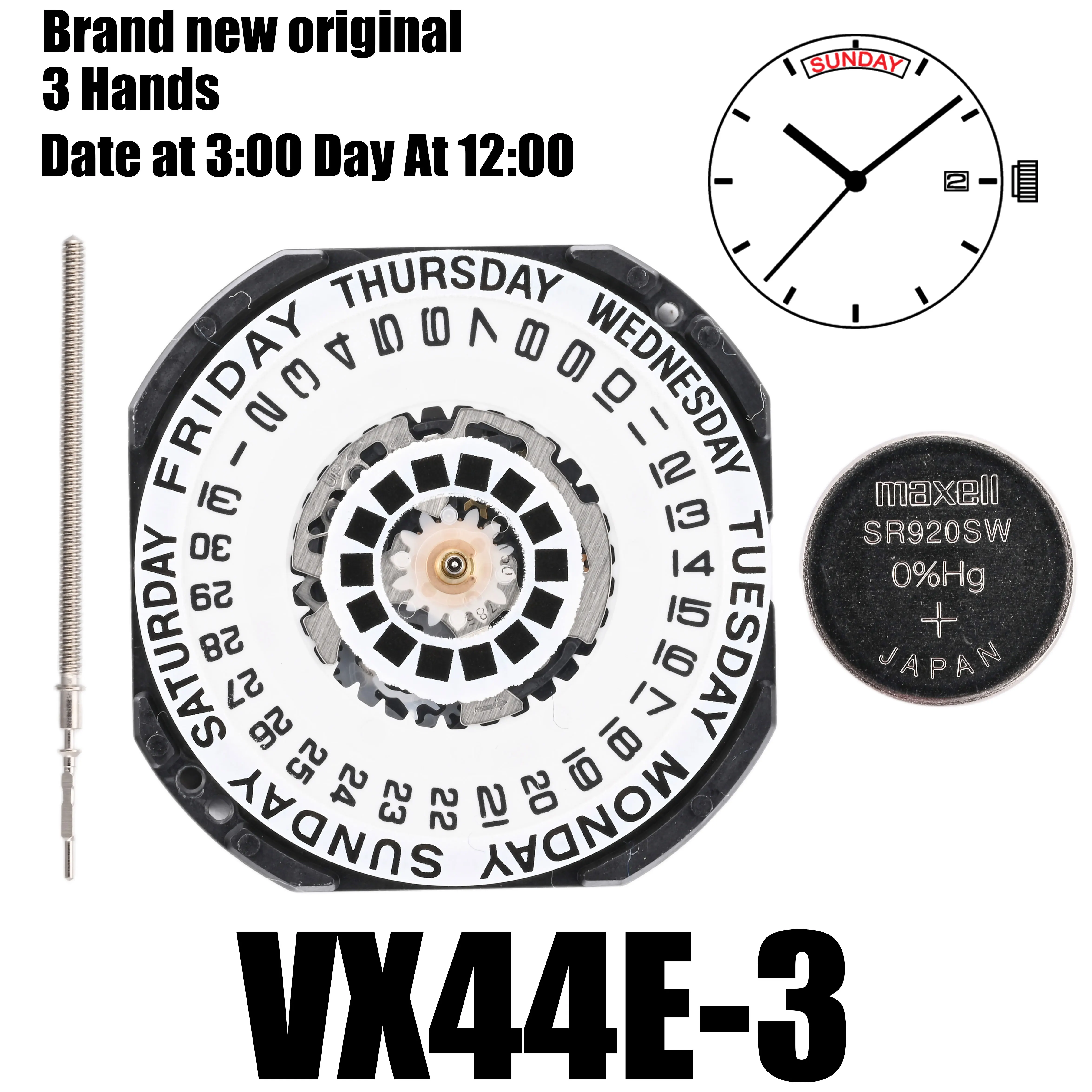 VX44 Movemet Epson VX44E Movemet Japan Genuine VX Calendar Series  3 Hands/ Circular Day at 12:00 / Date at 6:00