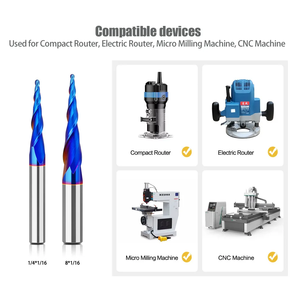 1/4"Shank 8mm Shank Taper 1PC Tungsten Steel Drill Bit Nano Blue Coated Cutter Carbide Router Bit CNC End Milling Bit
