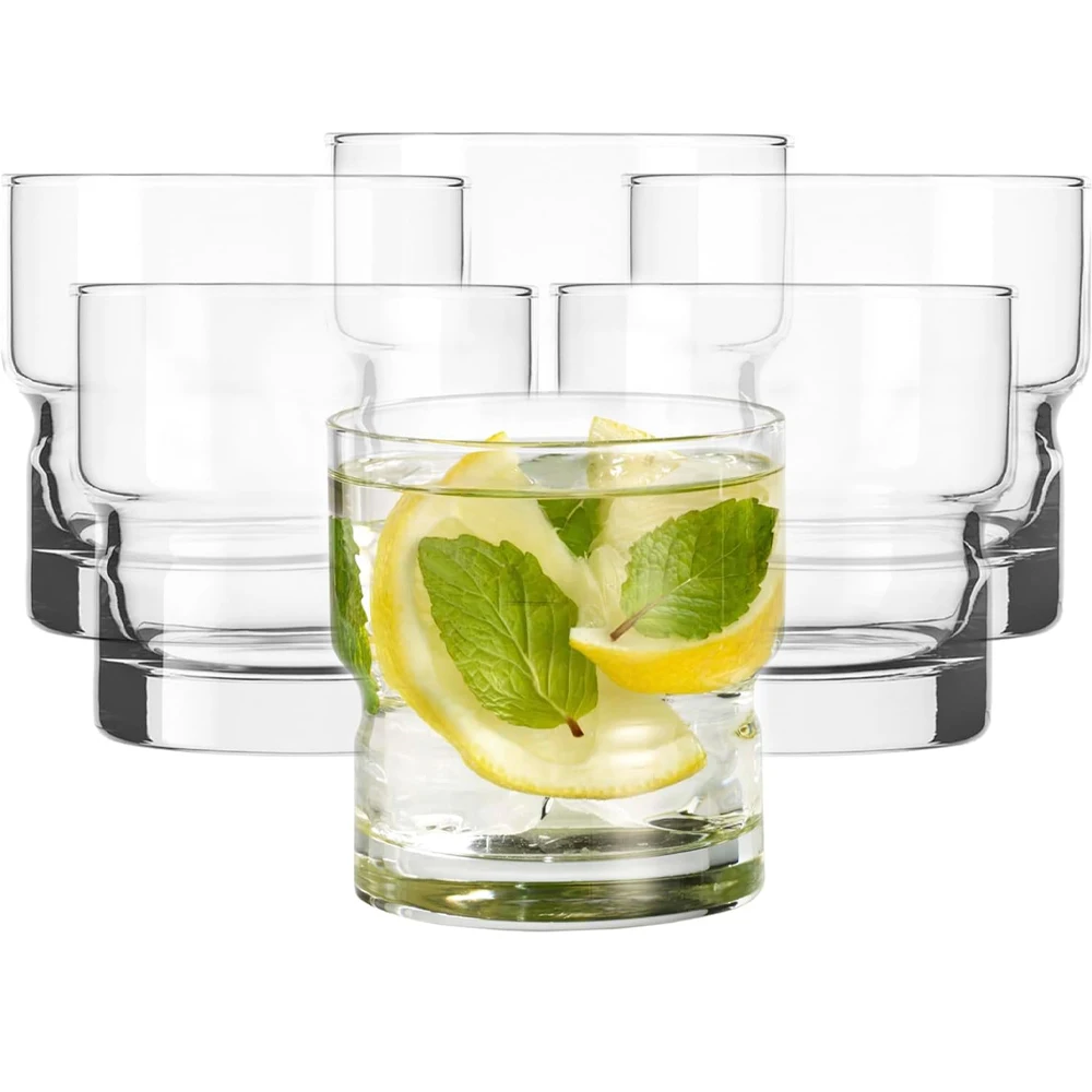 Runder transparenter Glasbecher, stapelbarer doppelschichtiger altmodischer Wasserbecher, geeignet für Kaffee, Milchshake und Wein
