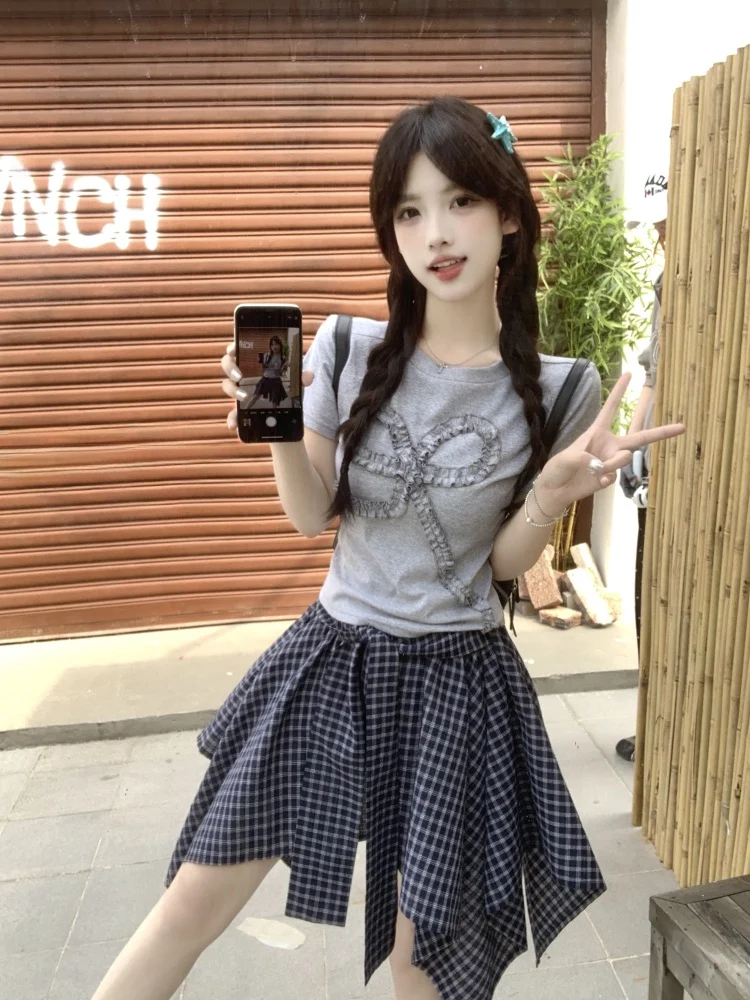 韓国 Sle Knot ort Sve T-irt レディース 不均等チェック柄 f スカート プラスサイズ Faionable 痩身 2 点セット