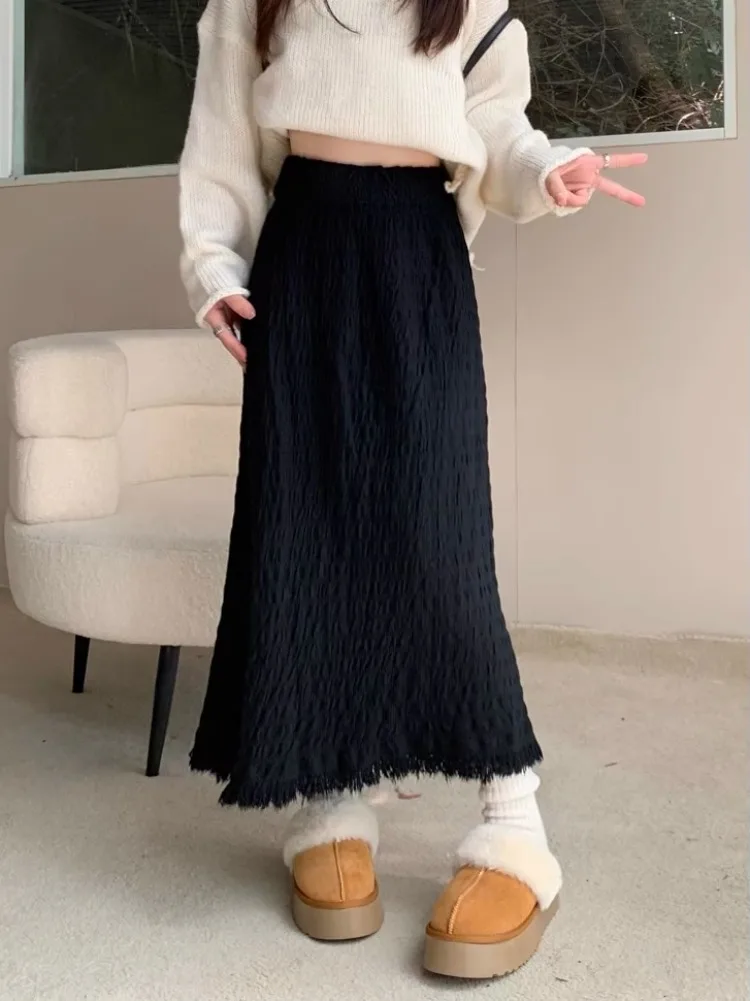 Korobov Solid Half Skirt Female Autumn High Waisted Straight A-line Skirts for Woman Tassel Design Korean Fashion MIDI Skirt