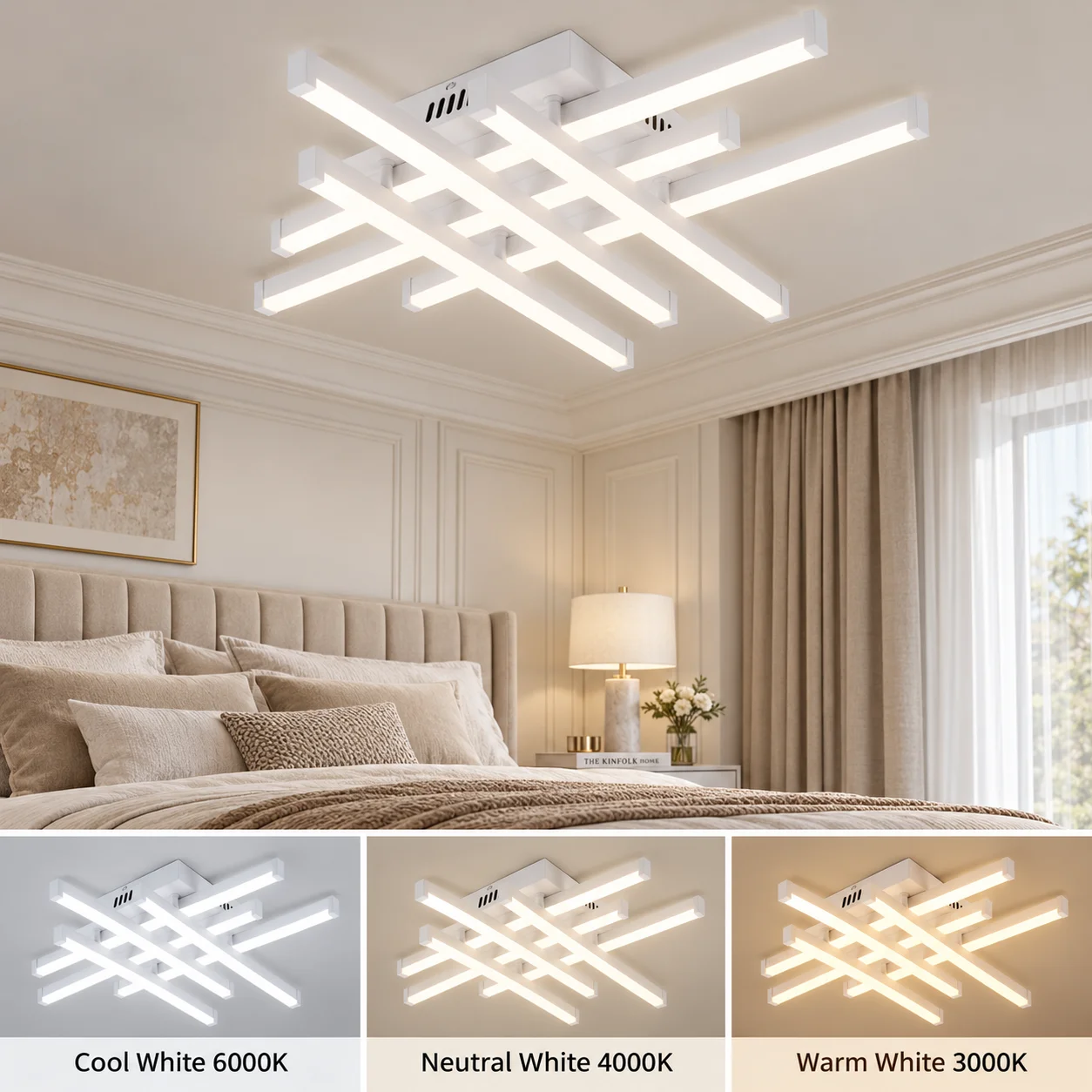 Modern Geometric Linear LED Ceiling Light, 3 Color Changing 3000K‑4000K‑6000K, Wall Switch Control, White Crossed Strip Flush Mount Ceiling Lamp, Home Decor Light Fixture for Living Room Bedroom Dining Room